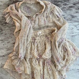 LoveShackFancy Floral Mini Skirt and top SET - Cream and Pink